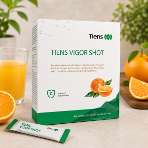 TIENS Vigor Shot su liposominiu vitaminu C ir citrusinių vaisių CitriSlim® ekstraktu. 500 mg vitamino C viename pakelyje, 15 × 25 ml.