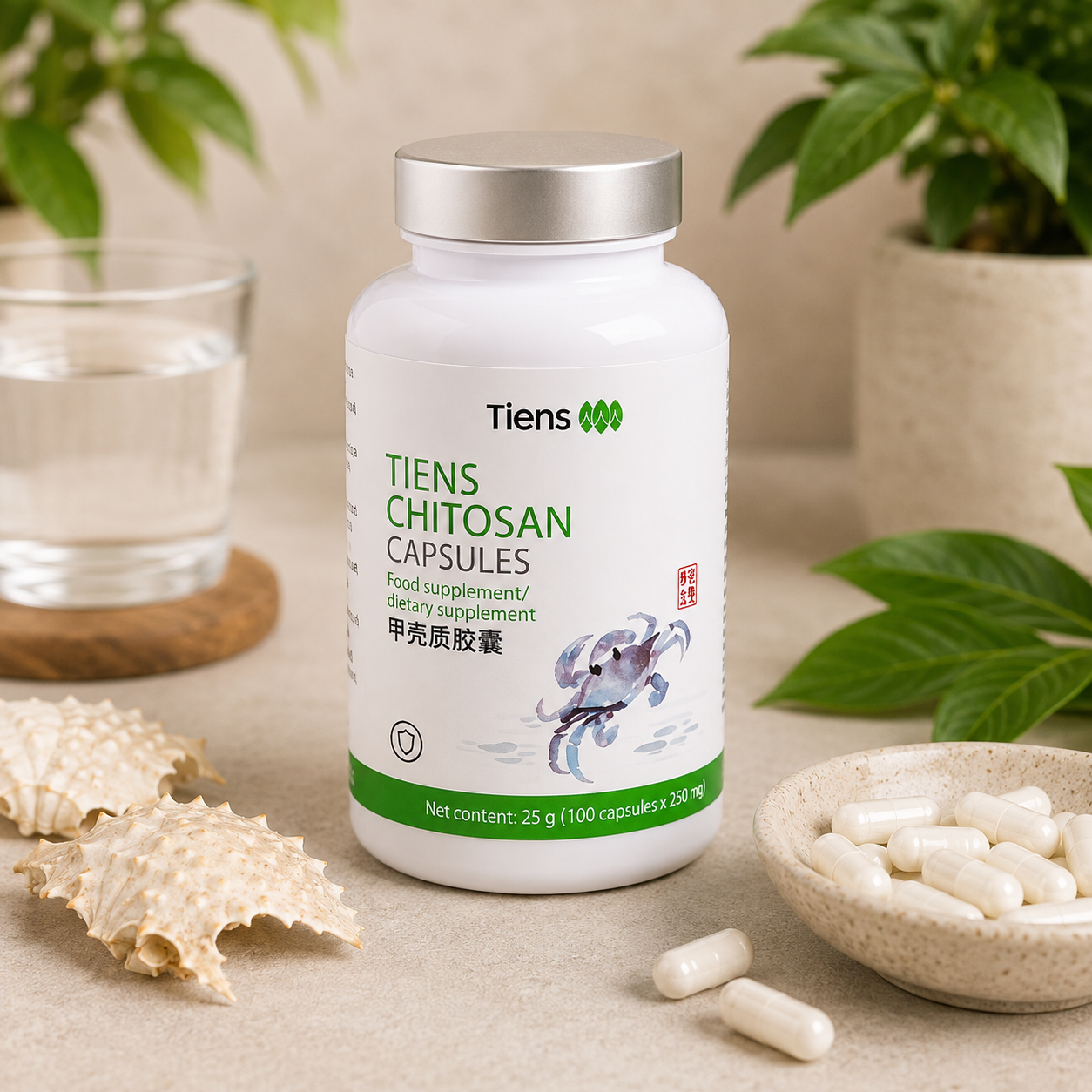 TIENS Chitosan – chitozano kapsulės iš vėžiagyvių kilmės chitino. 100 kapsulių, grynasis kiekis 24,6 g.