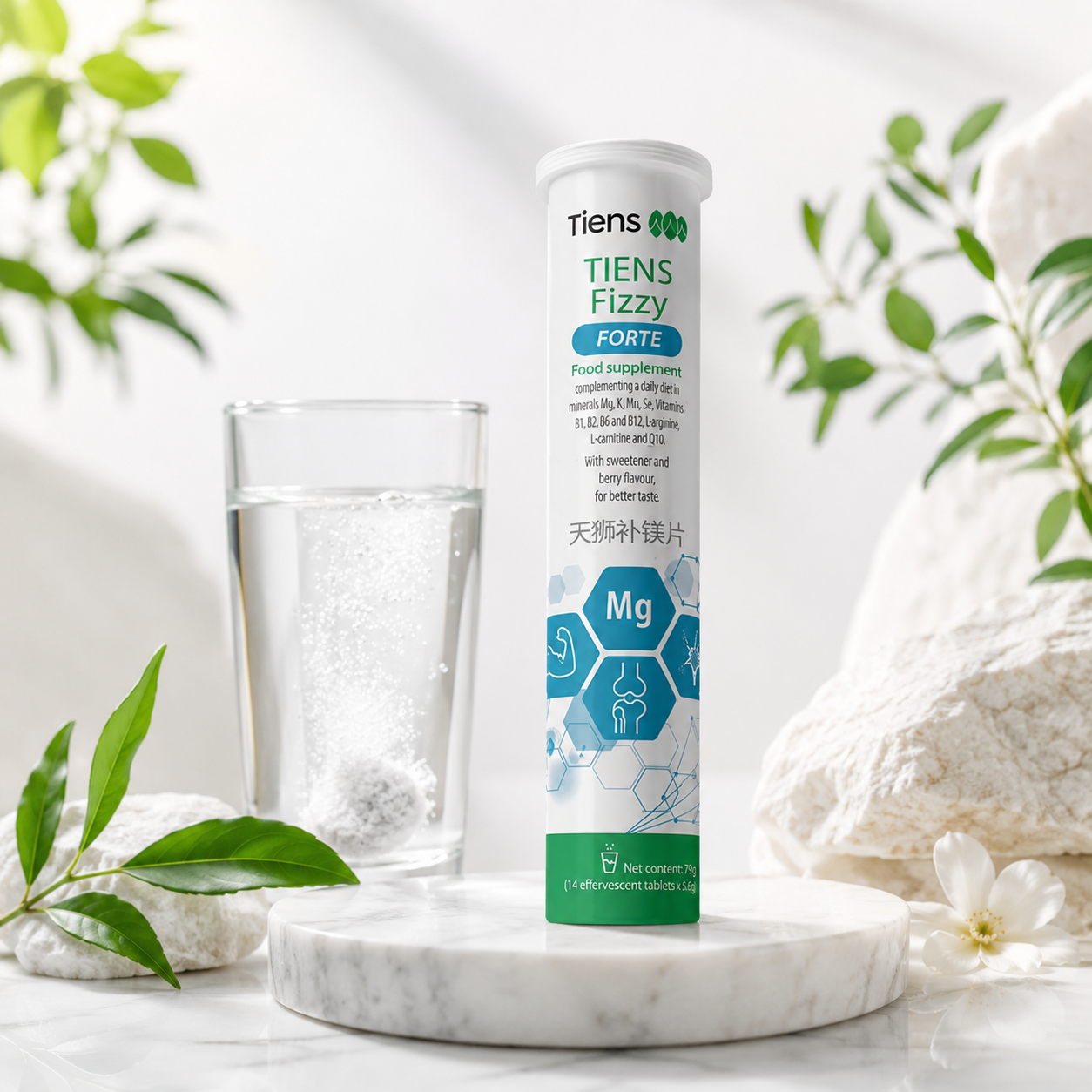 TIENS Magnis „Fizzy Forte“ – 14 šnypščiųjų tablečių su magniu, kaliu ir vitaminais
