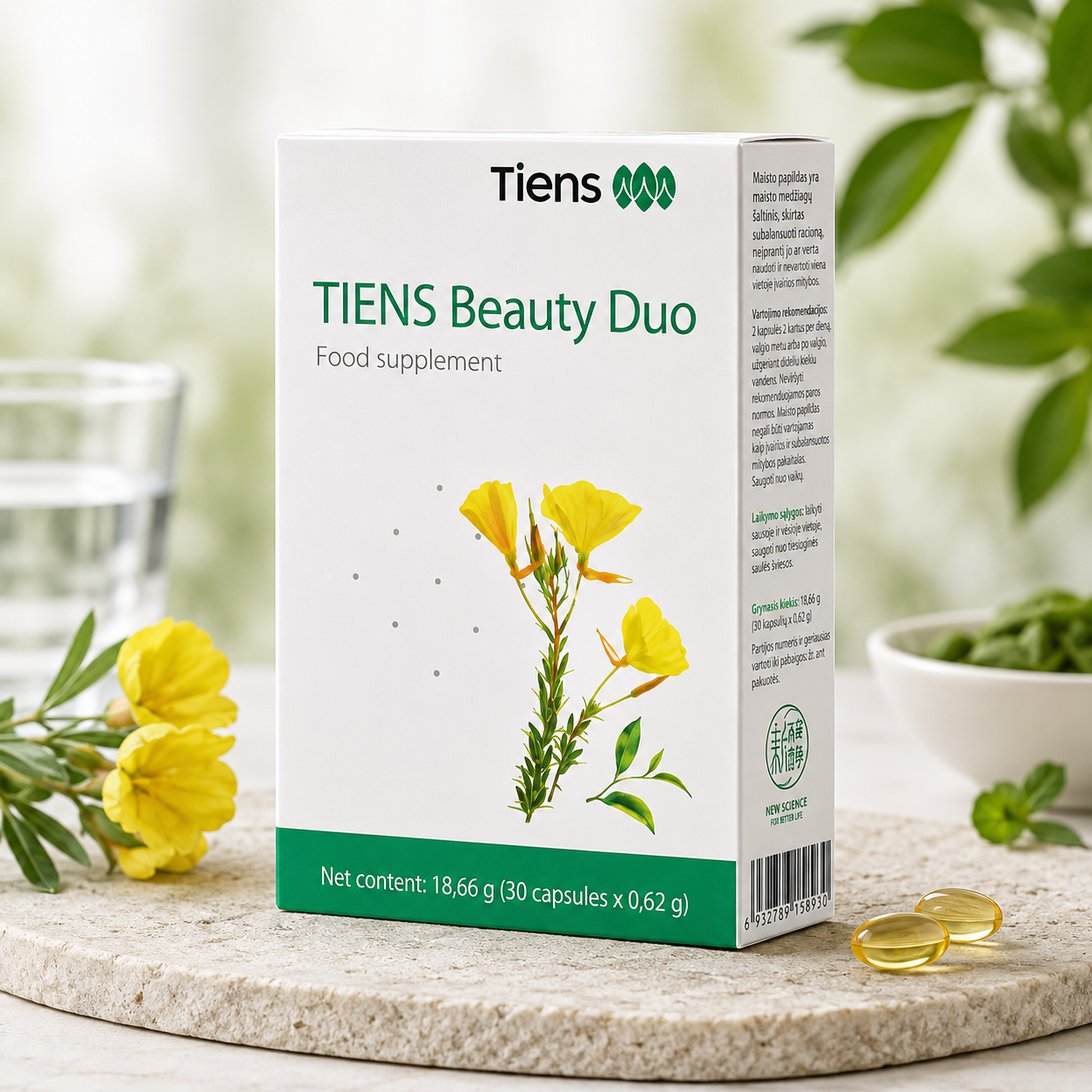 TIENS Beauty Duo – maisto papildas su nakvišų aliejumi, chlorele, žaliosios arbatos ekstraktu, vitaminais C, E, B6, biotinu, cinku ir variu. 30 kapsulių.