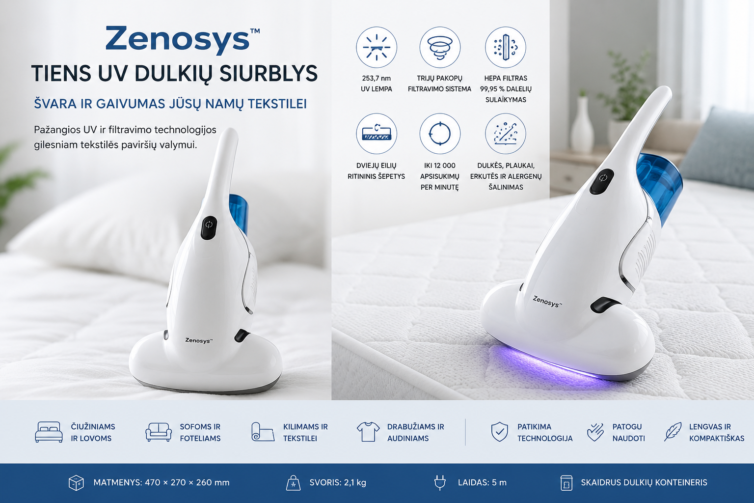 TIENS Zenosys UV dulkių siurblys su HEPA filtru tekstilės ir čiužinių valymui