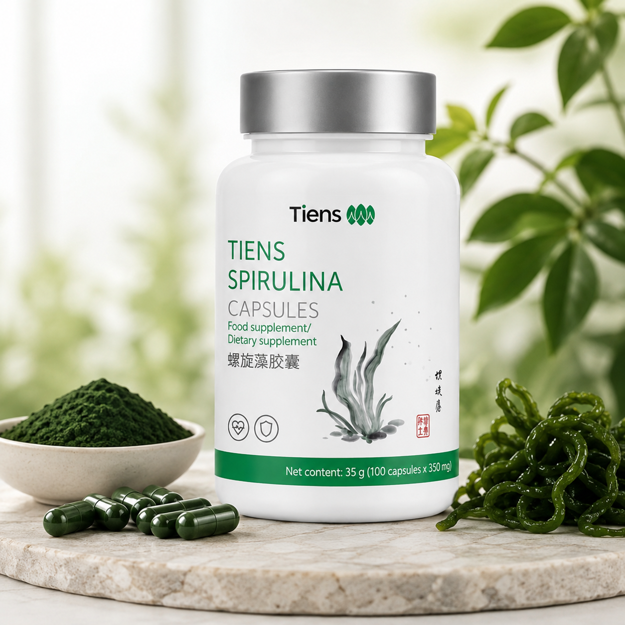 TIENS Spirulina kapsulės – 1500 mg spirulinos 6 kapsulėse, beta karotenas ir vitaminas A. Pakuotėje 100 kapsulių.