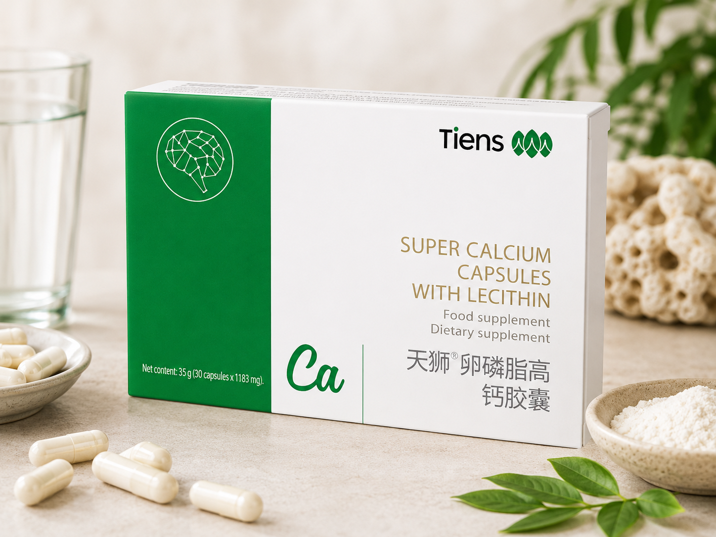 TIENS Super Calcium su lecitinu – maisto papildas su kalciu, sojų lecitinu, vitaminais C, E, B1, B12, folio rūgštimi ir taurinu. 20 kapsulių.