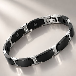 TIENS vyriška apyrankė „Ti-Energy“ CRYSTAL BLACK – juoda ir sidabrinė segmentinė apyrankė